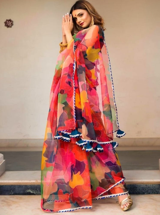 Multicolour organza silk digital printed work saree