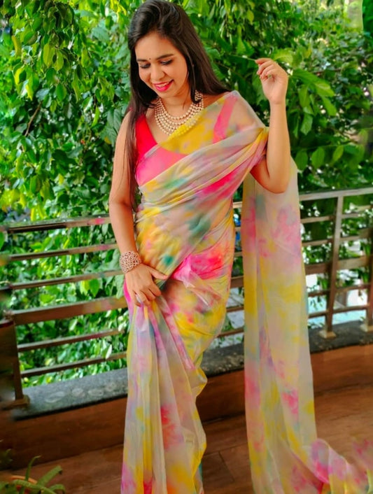 Multicolour pure soft organza silk printed saree