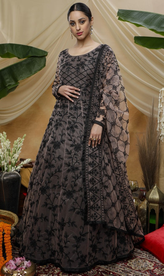 Multicolour santoon embroidered party wear lehenga gown