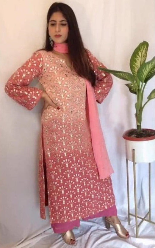 Multishade peach georgette embroidered plazzo suit