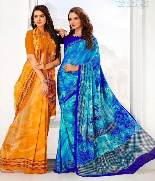 Mustard Colored Lesar Georgette Digital Printed Saree