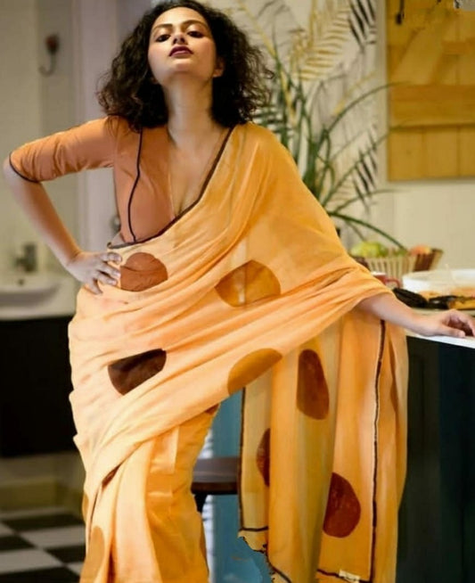Mustard yellow cotton chanderi original digital printed work saree