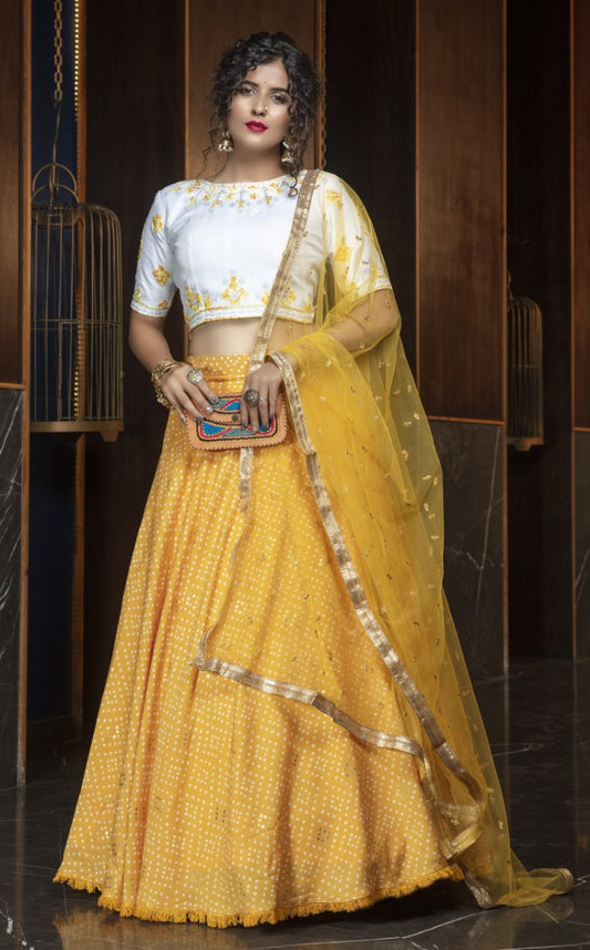 Mustard yellow cotton foil printed embroidered lehenga choli