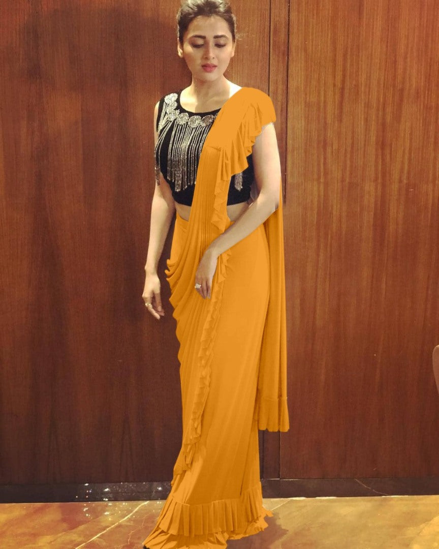 Mustard Yellow crepe silk designer ruffle saree with handwork blouse