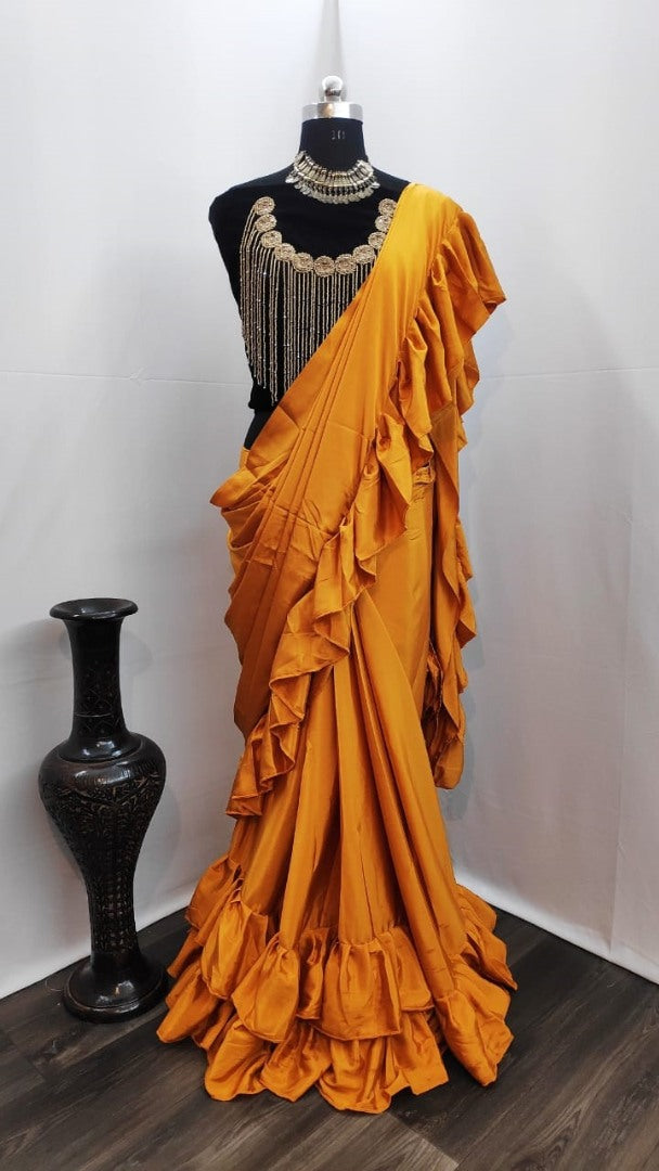 Mustard Yellow crepe silk designer ruffle saree with handwork blouse