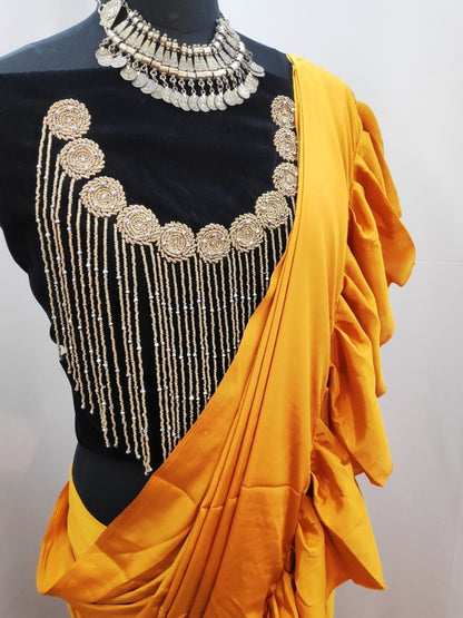 Mustard Yellow crepe silk designer ruffle saree with handwork blouse