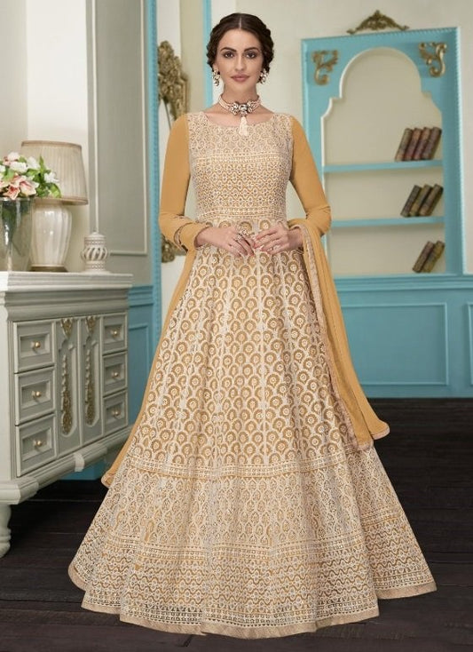 mustard yellow faux georgette heavy thread and sequence embroidered gown
