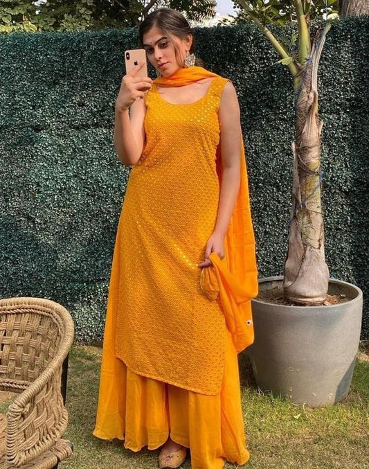 Mustard yellow georgette embroidered mirror work salwar with palzzo