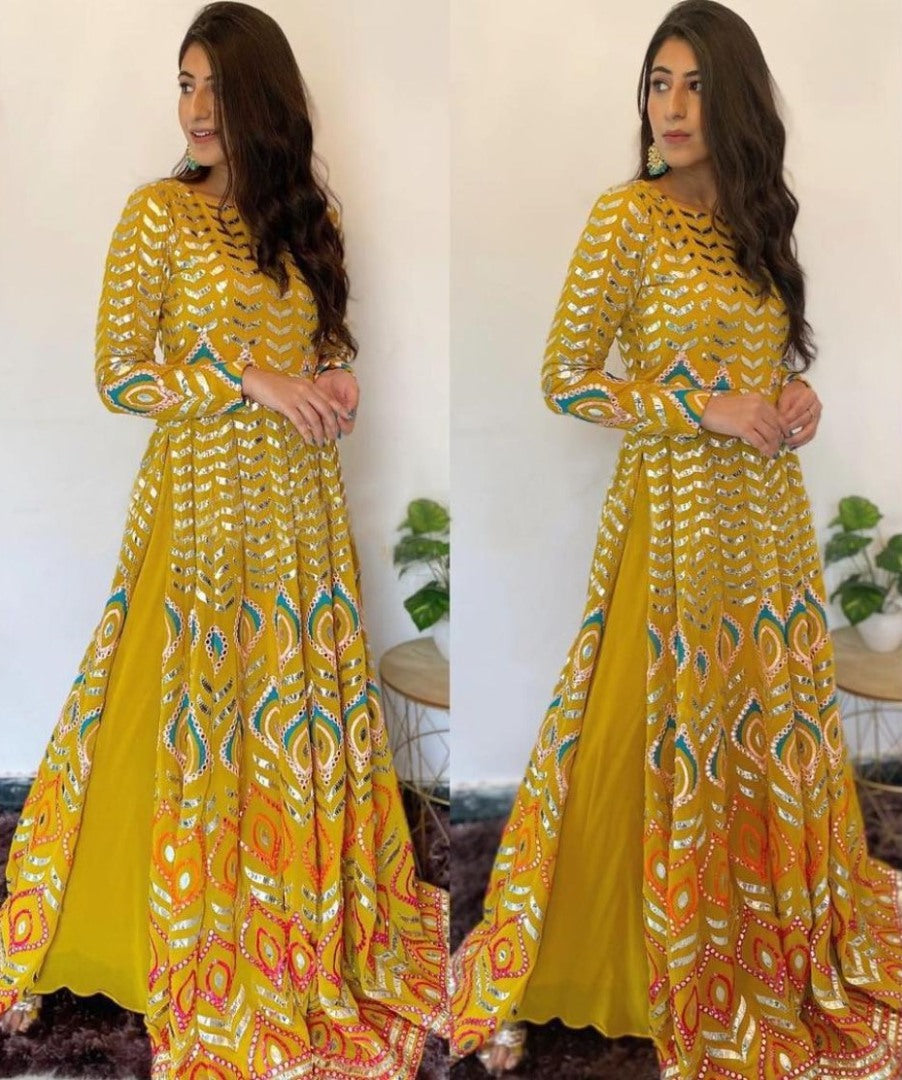 Mustard yellow georgette embroidered top with plazzo