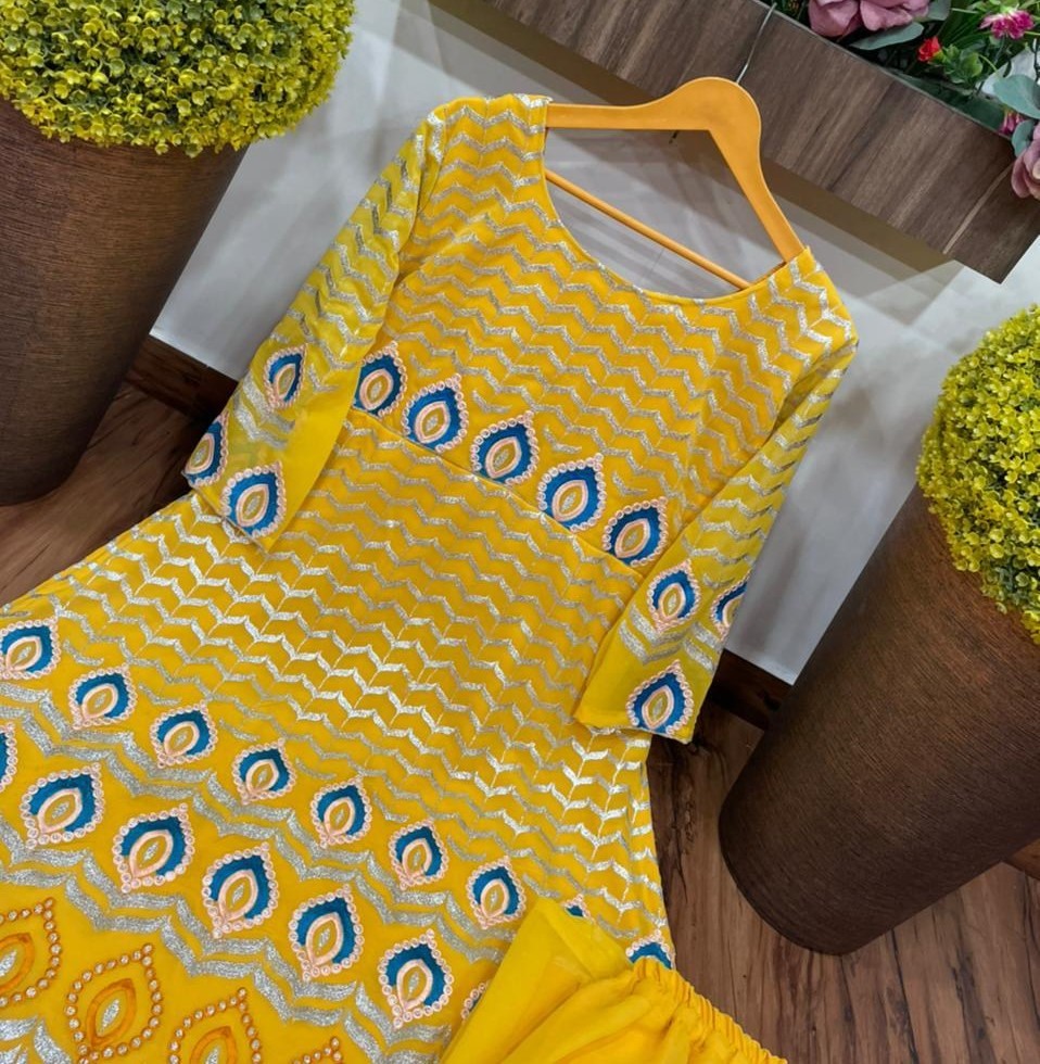 Mustard yellow georgette embroidered top with plazzo