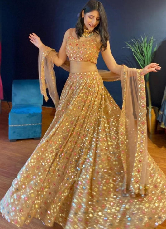 Mustard yellow georgette sequence embroidered work lehenga choli