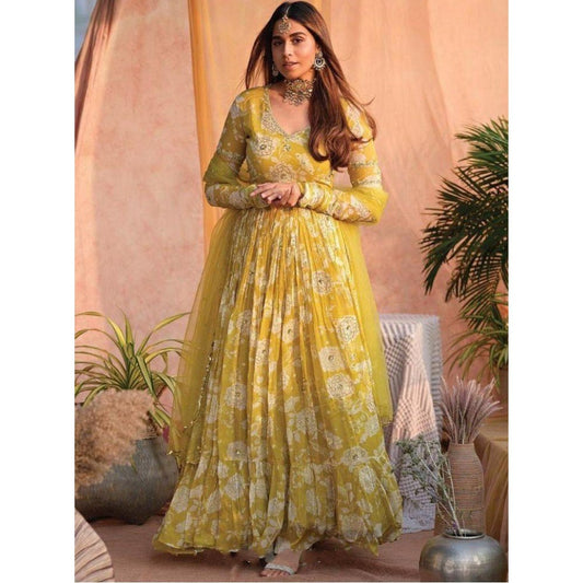Mustard yellow heavy georgette digital flower printed work gown