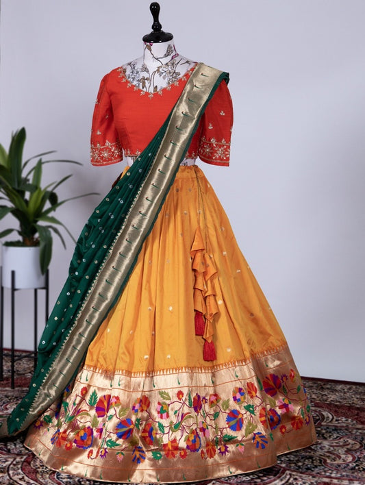 Mustard yellow jacquard silk paithani lehenga choli for haldi ceremony