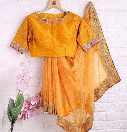 Mustard yellow malbari silk thread with sequence work saree