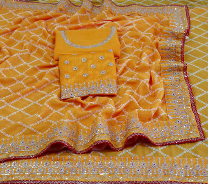 Mustard yellow malbari silk thread with sequence work saree