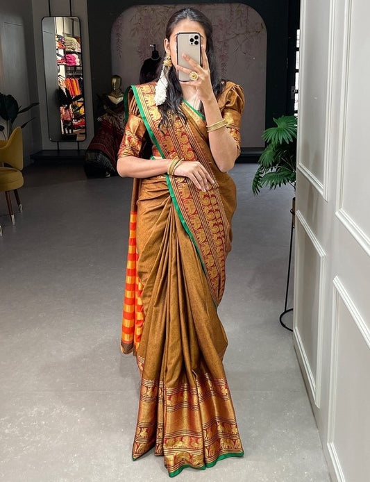 Mustard yellow narayan pet cotton weaving work saree