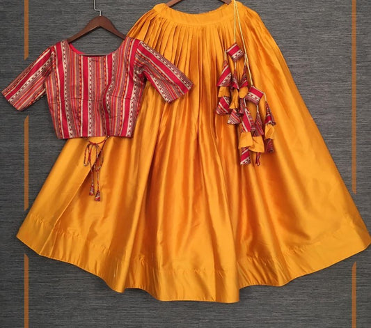 Mustard yellow pure cotton crop top lehenga