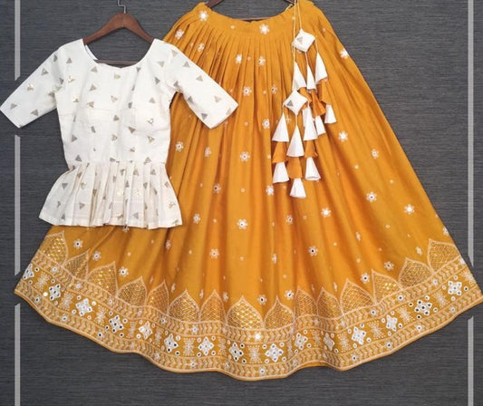 Mustard yellow pure cotton lucknowi work crop top