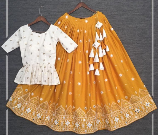 Mustard yellow pure cotton lucknowi work lehenga choli