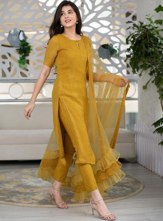 Mustard yellow rayon thread and seqeuence work salwar suit