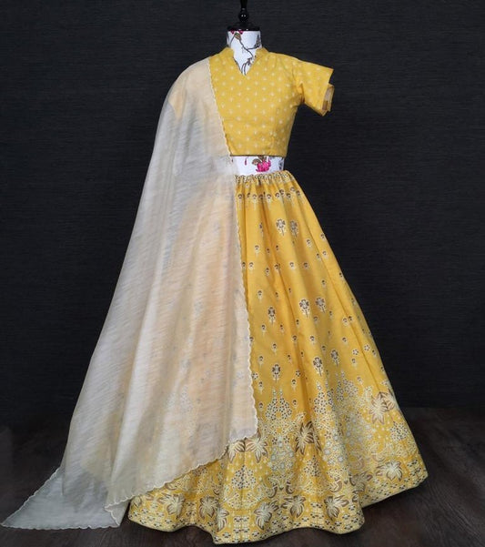 Mustard yellow slub silk zari and foil work party wear lehenga choli