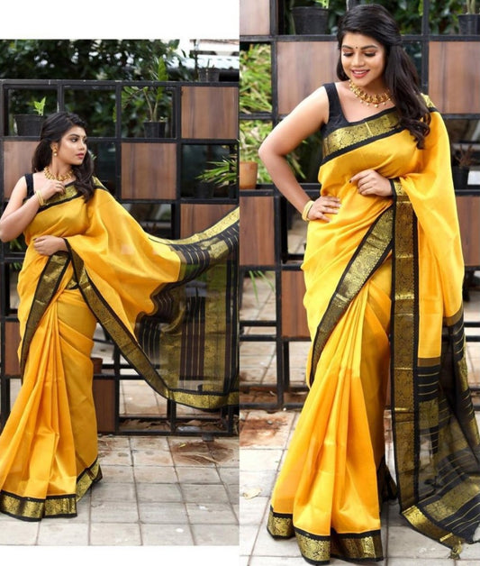 Mustard yellow soft lichi silk jacquard weaving work saree