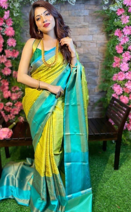 Mustard yellow soft lichi silk jacquard weaving work saree