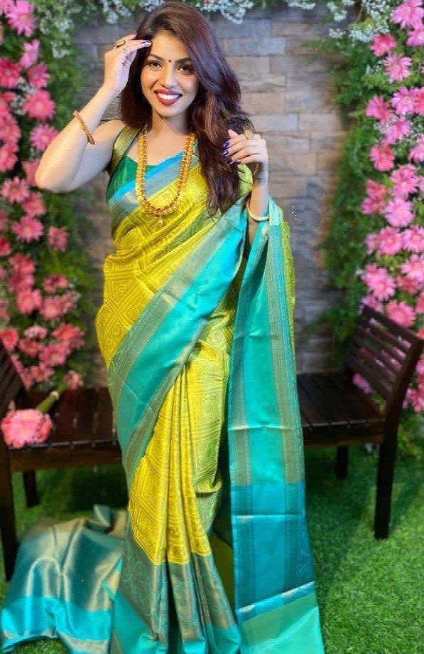 Mustard yellow soft lichi silk jacquard weaving work saree