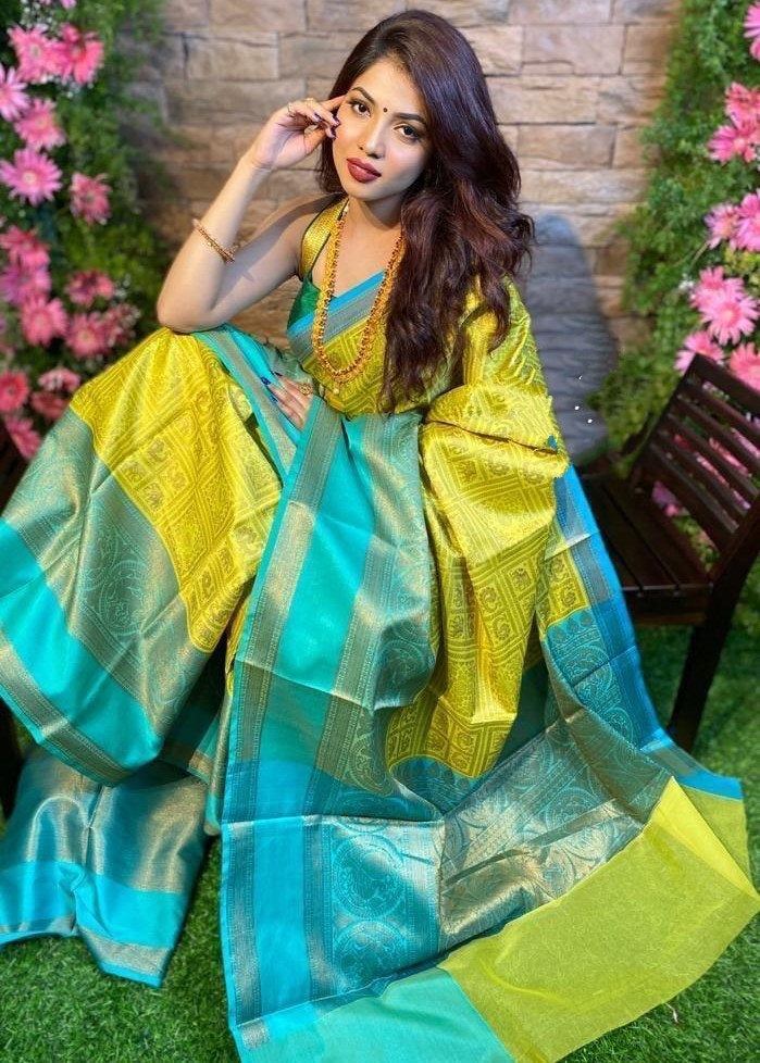 Mustard yellow soft lichi silk jacquard weaving work saree