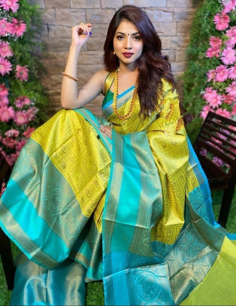 Mustard yellow soft lichi silk jacquard weaving work saree