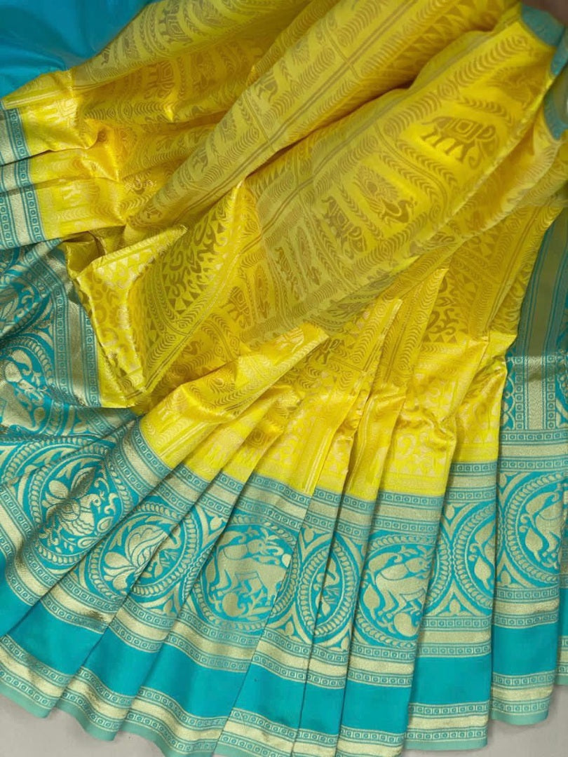 Mustard yellow soft lichi silk jacquard weaving work saree