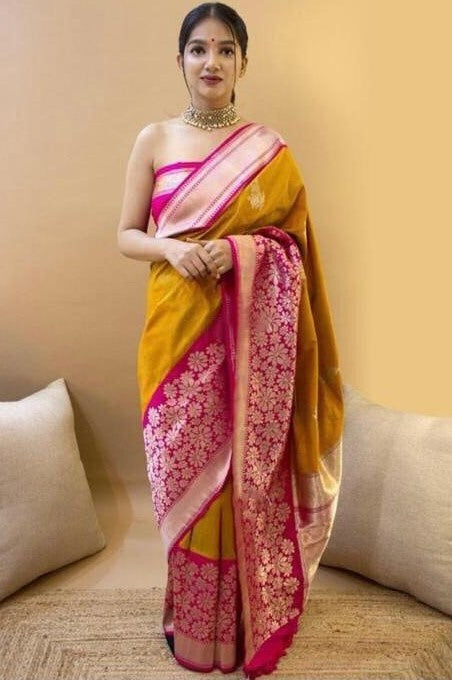 Mustard yellow soft lichi silk jacquard weaving work wedding saree