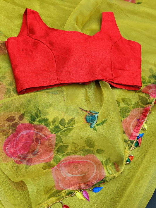 Mustard yellow soft organza fancy jhalar and printed work saree