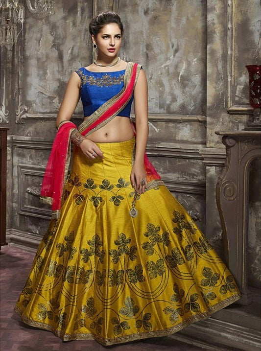 mustard yellow thai silk copper metalic foil navratri lehenga with handworked blouse