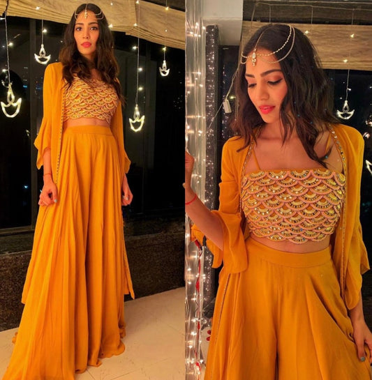 Mustared yellow georgette embroidered plazzo suit with shrug