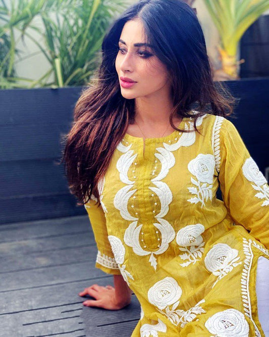 Mustered yellow embroidered plazzo kurti
