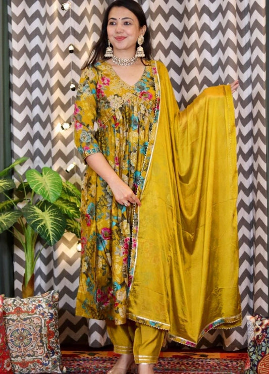 Musturd yellow floral printed anarkali frock suit