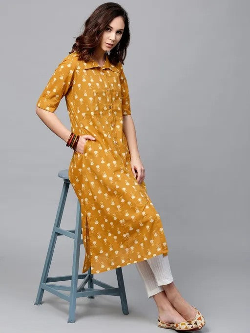 Musturd yellow printed A line cotton kurti