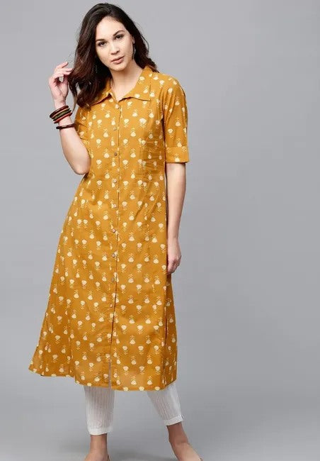 Musturd yellow printed A line cotton kurti