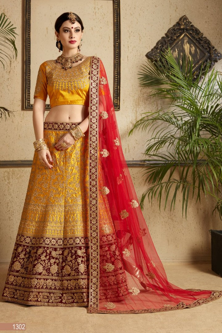 mustured yellow designer heavy embroidered bridal lehenga