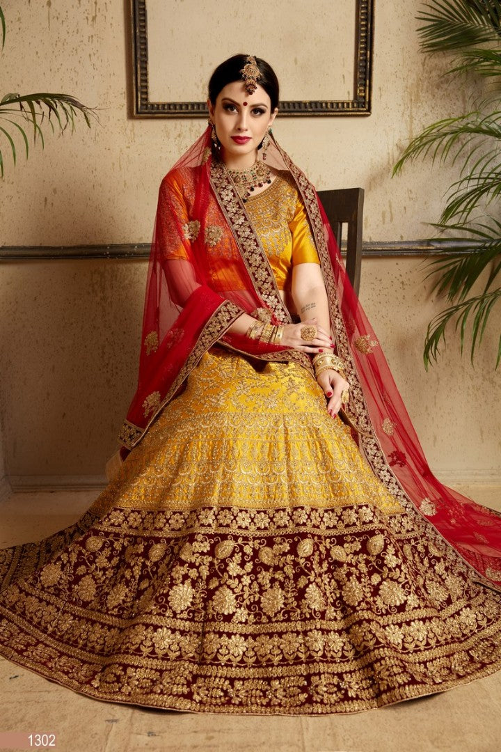 mustured yellow designer heavy embroidered bridal lehenga