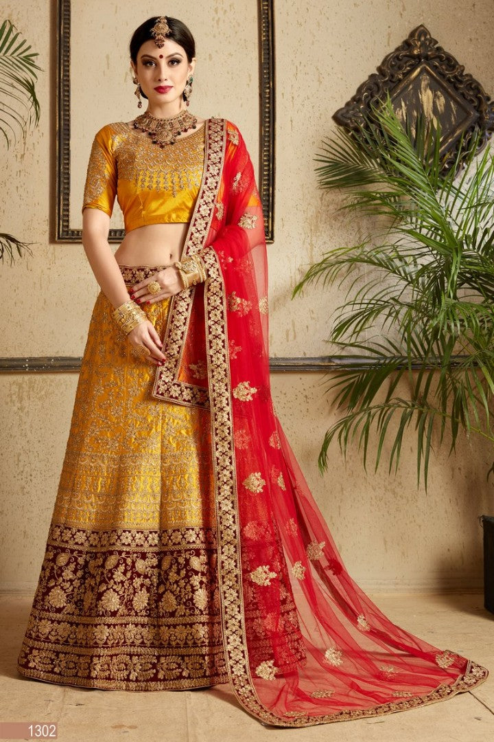 mustured yellow designer heavy embroidered bridal lehenga