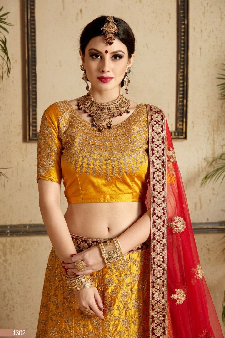 mustured yellow designer heavy embroidered bridal lehenga