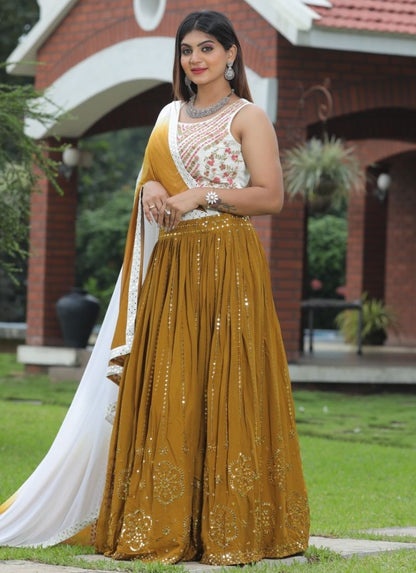 Mustured yellow georgette sequence embroidered lehenga choli