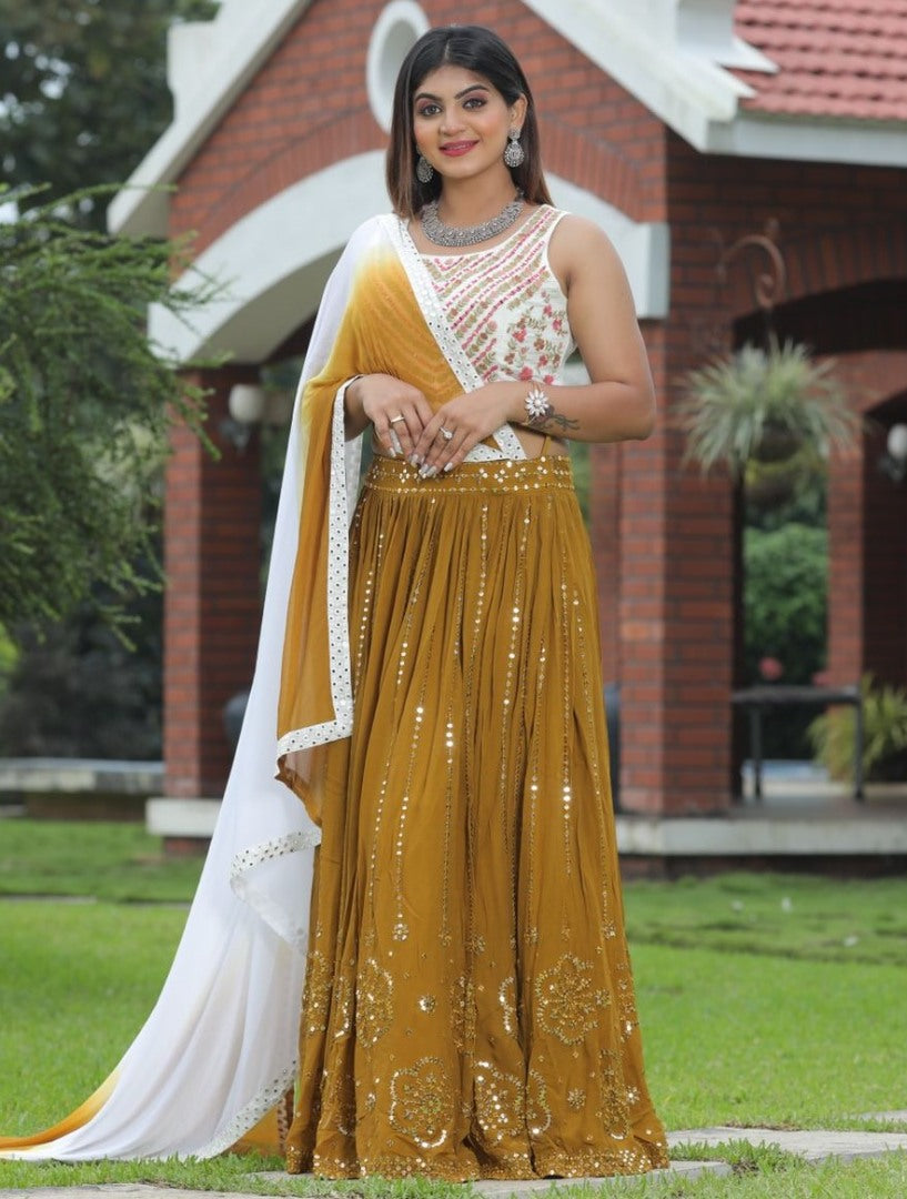 Mustured yellow georgette sequence embroidered lehenga choli