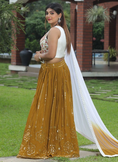 Mustured yellow georgette sequence embroidered lehenga choli