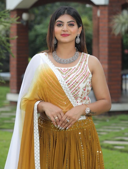 Mustured yellow georgette sequence embroidered lehenga choli