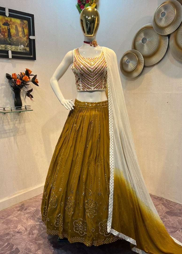 Mustured yellow georgette sequence embroidered lehenga choli