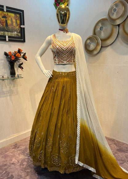 Mustured yellow georgette sequence embroidered lehenga choli