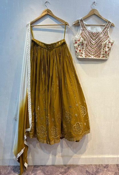 Mustured yellow georgette sequence embroidered lehenga choli